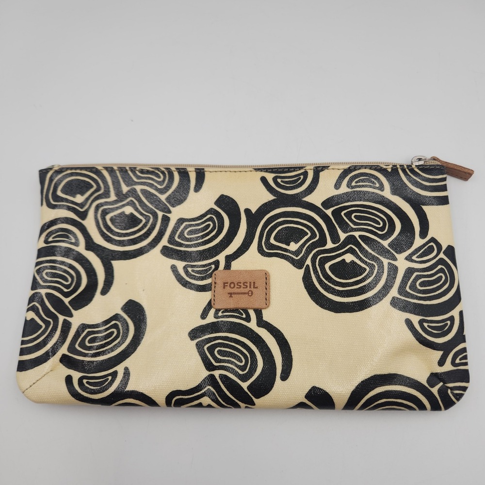 Fossil Key-Per Canvas Cosmetic Bag Zip Pouch‎ Cream Blue Graphic Print